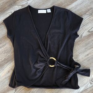 Vintage Soft Surroundings Women M Crop Bamboo O Ring Wrap Tie Top Black Stretch